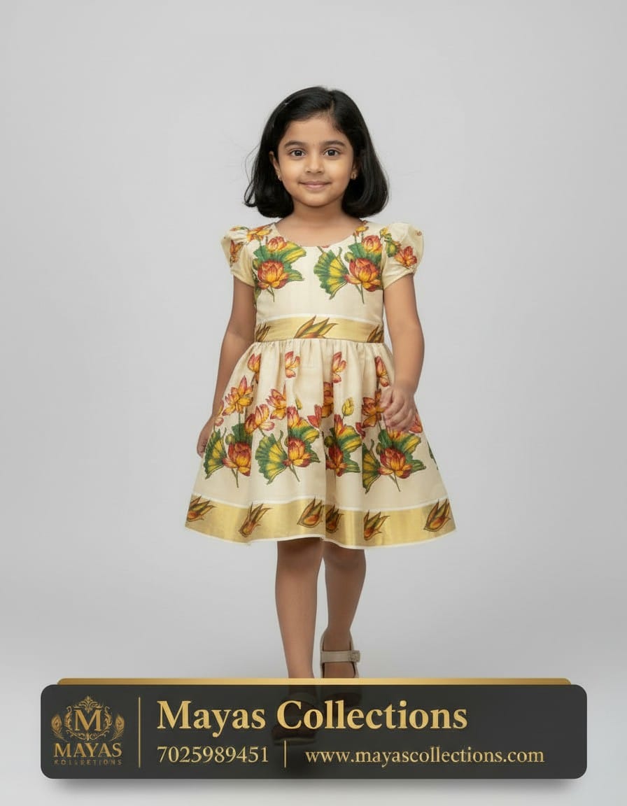 Kerala Traditional Lotus Print Frock for Girls